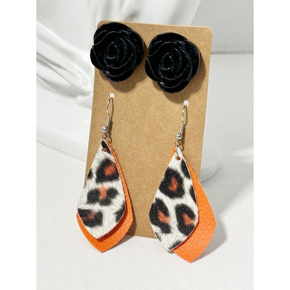Leopard Print Vegan‎ Leather Dangle & Rose Stud Earrings Orange & Black 2 Pairs